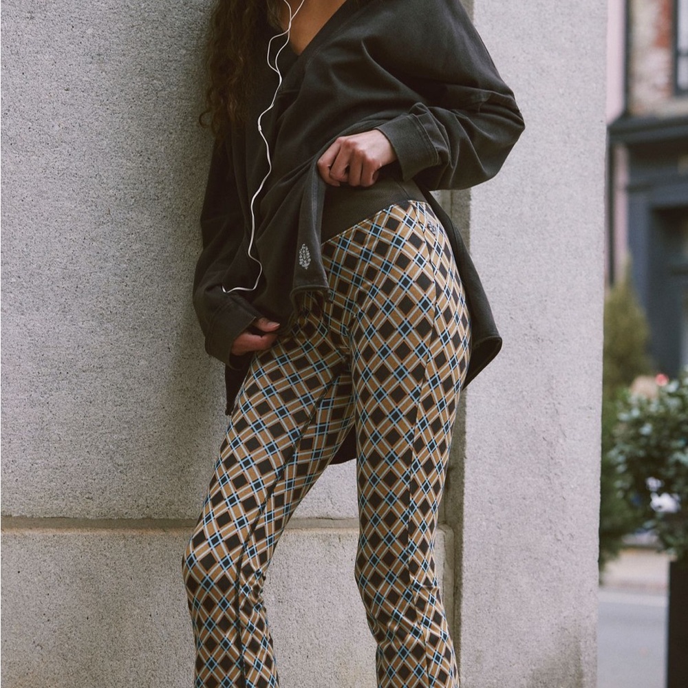 Free People Plaid Skinny Pants in Tan, Black & Cream